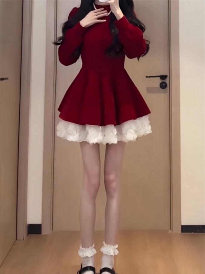 2025 Matsumoto Princess Velvet Waist-Slimming Color-Block Mini Dress