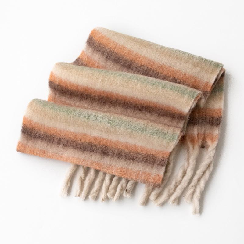 Neuer Mohair Regenbogen Kontrastierender Karoschal für Damen im Winter, warm und dick, mit großer Pompon-Quaste und Schal im lässigen Stil