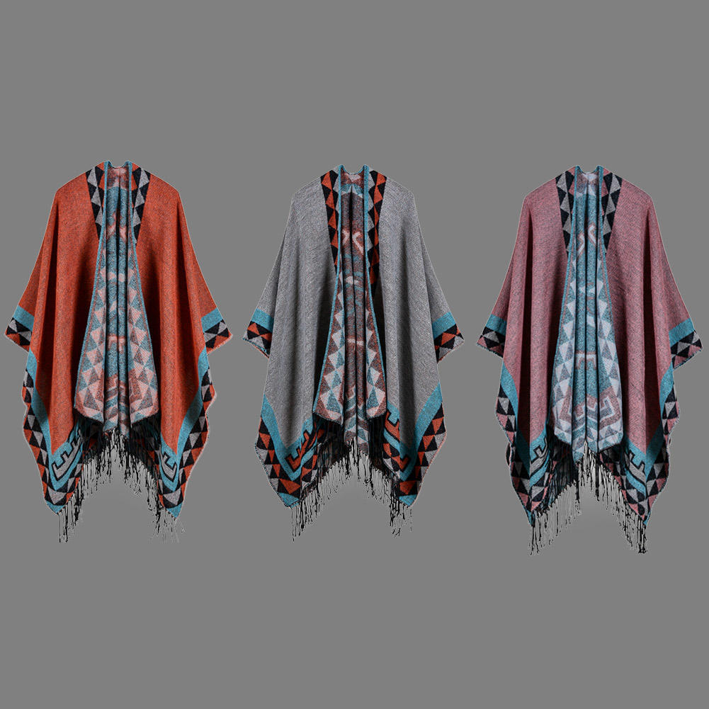 Boho Dámská Pletená šála Pončo Umělý kašmír Geometrický vzor Střapec Oversized Teplá Dlouhá Cape