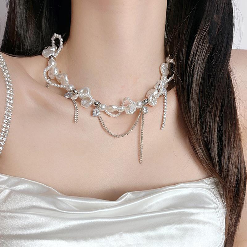 1 PZ Collana Irregolare Imitazione Perla Choker Avvolgente Donna Dolci Perline Catena Collo Strass Lusso Leggero Gioielli da Festa di Alta Gamma