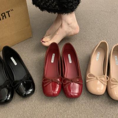 Bow Red Single Shoes Spring Gentle Matching Skirt Round Head Shallow Mouth Inner Height Increasing Ladyshoes