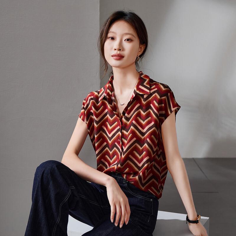 SOFSIL Women s 2026 Summer Silk Geometric Stripe Short Sleeve Lapel Shirt XL