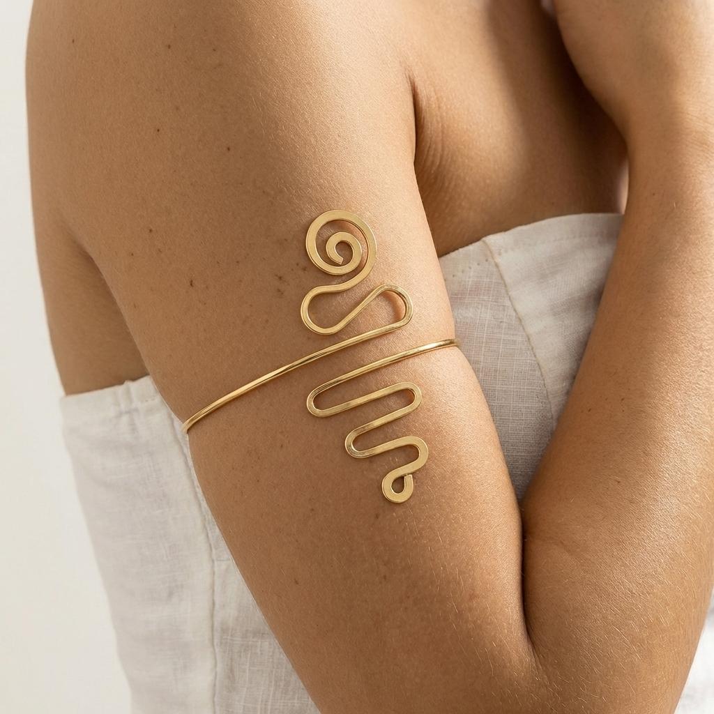 Geometric Spiral Upper Arm Cuff for Women Adjustable Boho Wire Armband Summer Festival Party Statement Body Jewelry