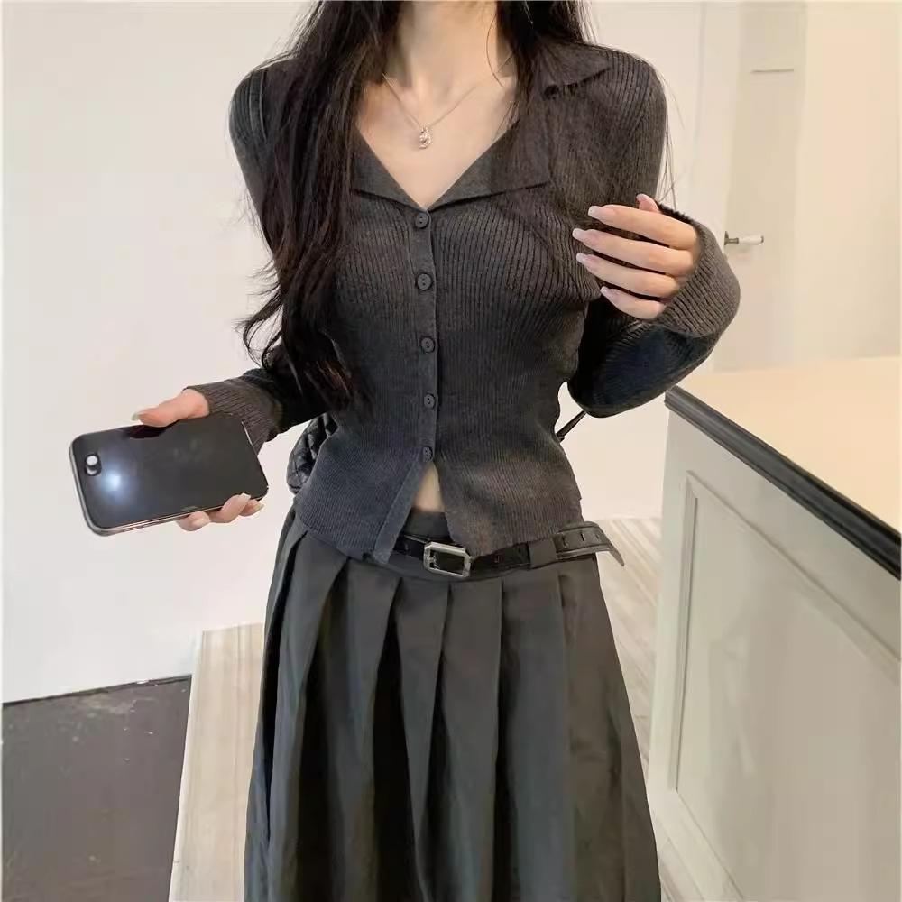 French Polo Lapel Knitted Bottoming Shirt Women's Autumn and Winter Thin Outer Cardigan Top Slim Fit Long-sleeved Sweater