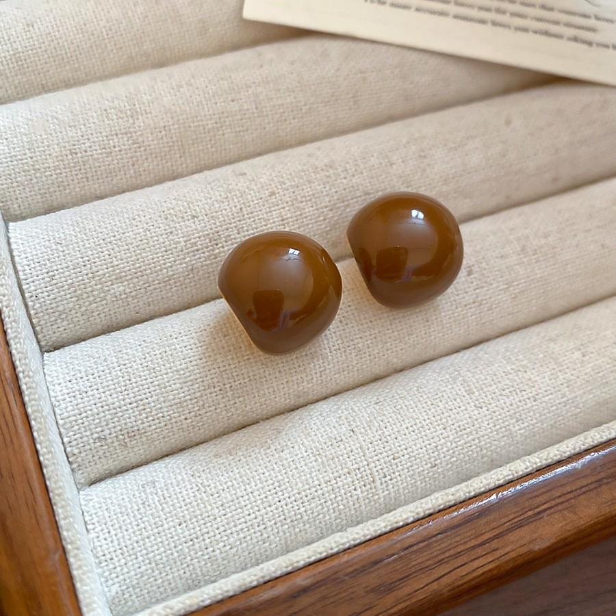 Silver Needle Retro Resin Geometric Round Oval Pendant Earrings Maillard Style Stud Earrings Niche Design Earrings Women