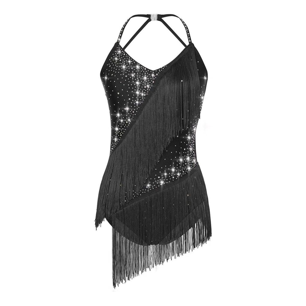 Womens Latin Dance Leotard Halter Neck Backless Design Rhinestone and Tassel Embellishments for Competitions and Shows