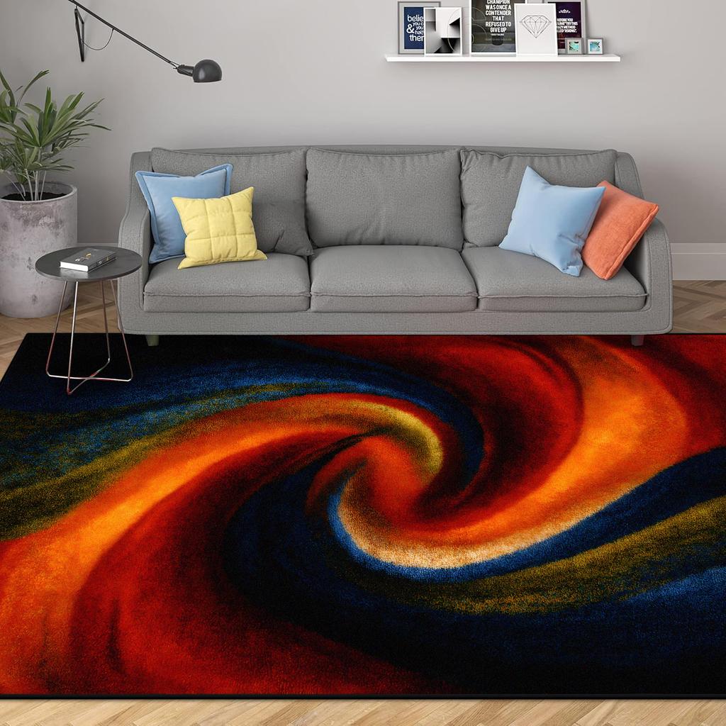 Abstract Modern Geometric Area Rugs Bedroom Living Room Non-slip Floor Mat with Vortex Red Orange Dining Room Carpet Washable