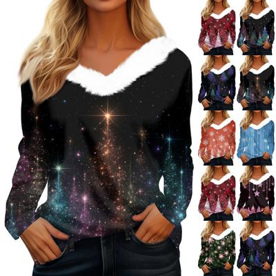 Women's Fashion Casual Long Sleeve Christmas Printed Plush Collar V-Neck Top