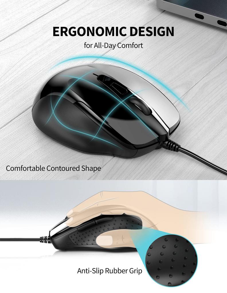 TECKNET Wired USB Optical 6 Buttons Back and Forward DPI High Compatible with Windows and and Plug Play Mouse, (with Buttons), 1000/2000 Precision,