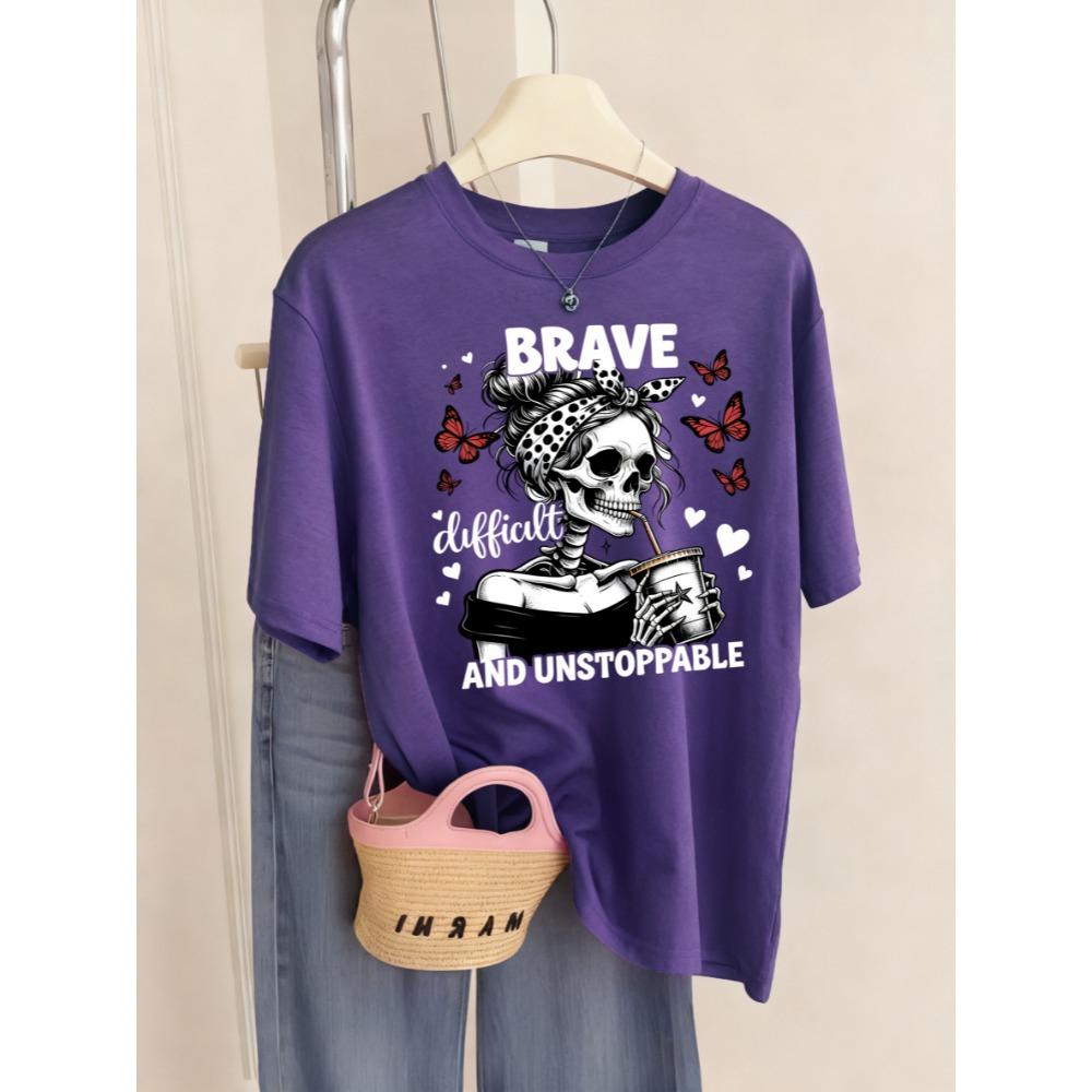 Brave Difficult Drinks Imprimé Crânes Papillon T-shirt Femme Décontracté T-shirts Doux Respirant Été Streetwear Haut Y2K