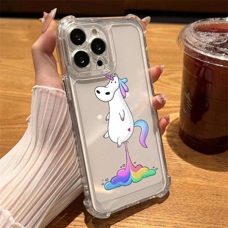 Unicorn with Rainbow Pee Cartoon Phone Case Clear For iPhone 17 16 14 15 11 12 13 Pro Max 16E 15 16 Plus 17 Air Shockproof Cover