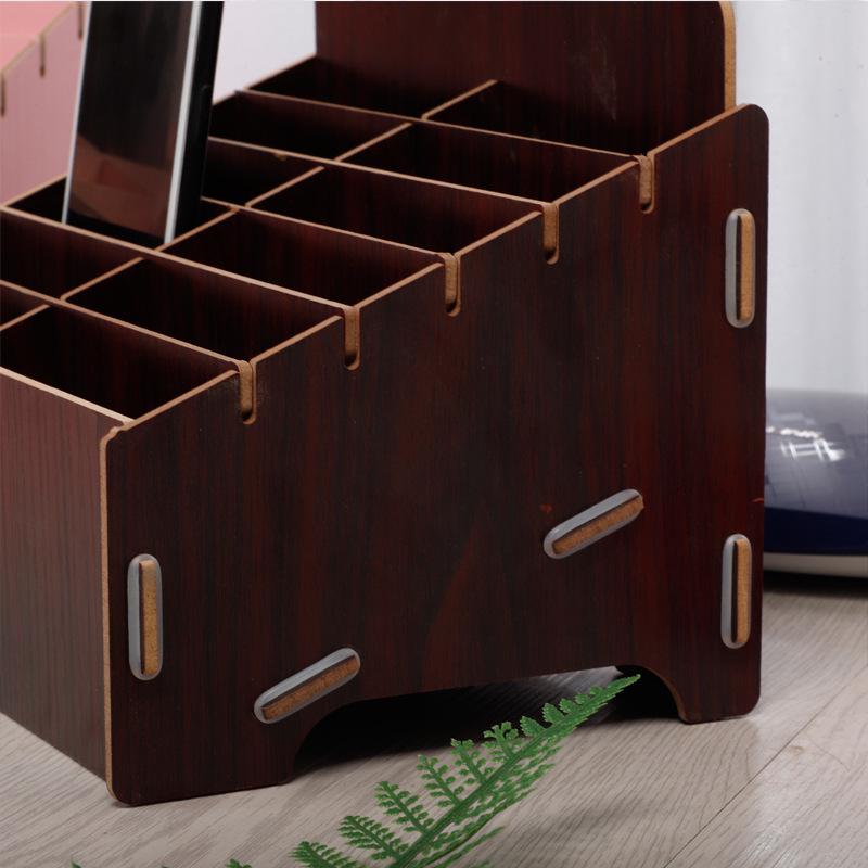 Multi-Compartment Wooden Desktop Organizer for Phones, Cables, and IDs