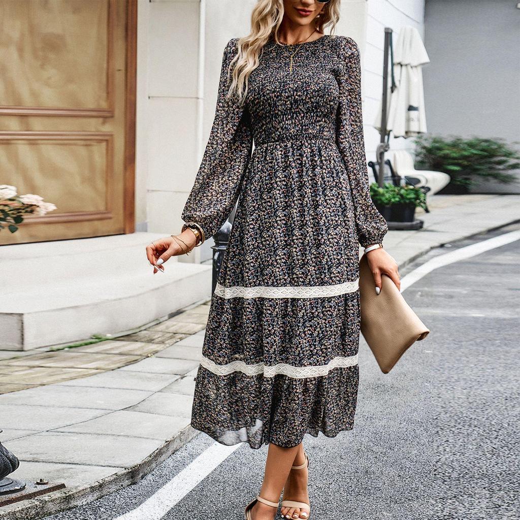 Women Autumn Winter O Neck Lantern Sleeve Lace High Waist Pleated Printed Dress