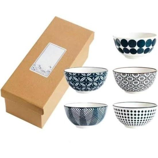 OSNIC Japanese-style blue tea bowl set 5 Nordic design ceramic diameter 11cm microwave dishwasher safe rice salad bowl.