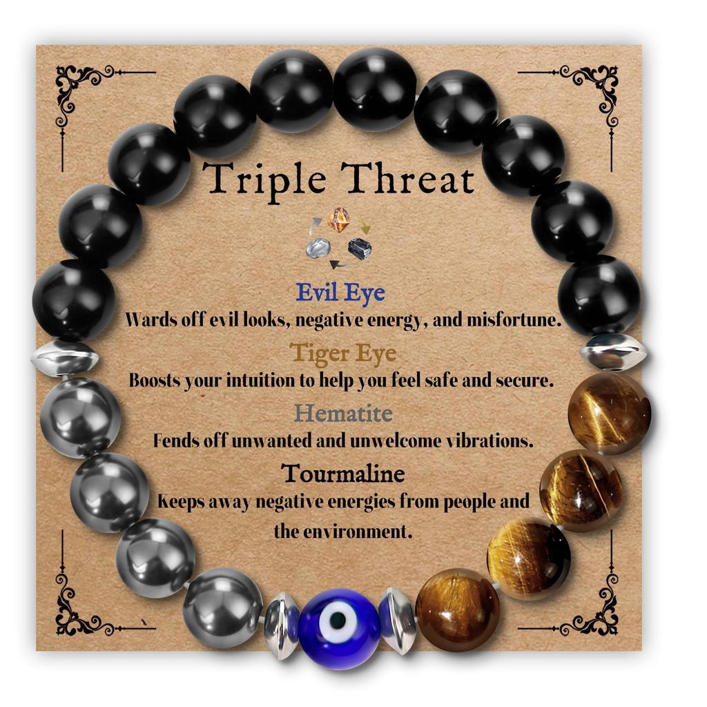 Evil Eye 8mm Obsidian Magnet Spacer Elastic Cord Yellow Tiger Eye Evil Eye Bracelet