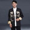 Chinese Traditional Men Tang Suit Shirt Stand Collar Long Sleeve Dragon Print Shirt Pockets Design Tai Chi Tops