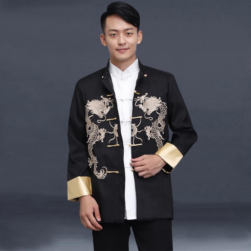 Chinese Traditional Men Tang Suit Shirt Stand Collar Long Sleeve Dragon Print Shirt Pockets Design Tai Chi Tops