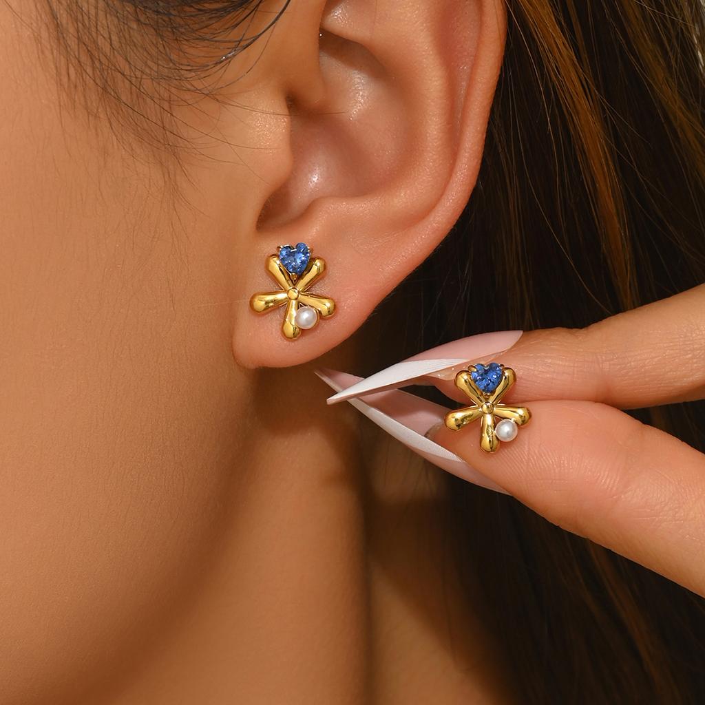 Y2K Gold Color Mini Stud Earrings Cute Heart Star Moon Flower Pearl CZ Dainty Earrings For Women Daily & Casual Wear All Season