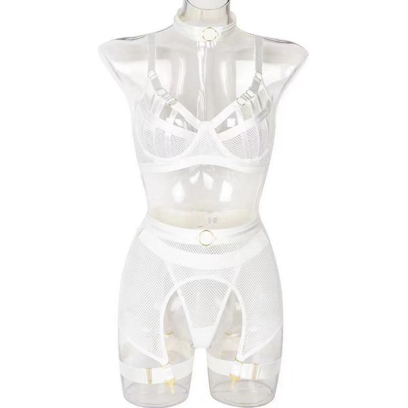 Lingerie Suit Women Mesh Hollow Underwear Metal Buckle Set Ultrathin Bra & Brief Sets G-String Garter Belt See Through Bra Set