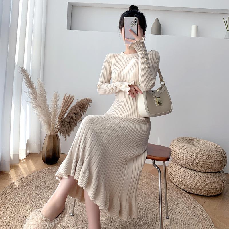 

Осень-зима 2021, плотное платье-свитер русалки макси, женское длинное платье-свитер с круглым вырезом, элегантное женское тонкое сексуальное вязаное платье трапециевидной формы L абрикосовый