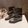 Pointed rivet short boots women's summer new black belt buckle stacking boots retro knight boots western style