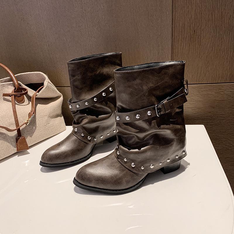 Pointed rivet short boots women's summer new black belt buckle stacking boots retro knight boots western style