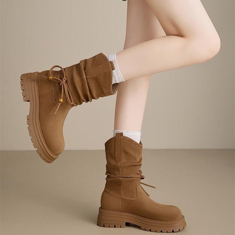 Platform Western Boots Women's 2025 New Autumn Stacking Boots Retro Bow Short Boots Knight Boots