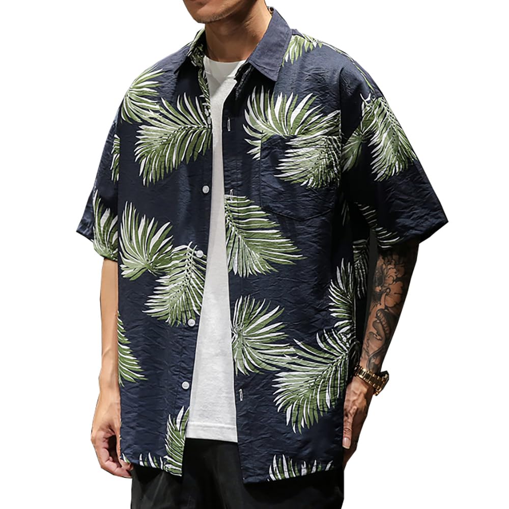 COZOEN Aloha Hawaiian Summer Panama Short Botanical 9 Plus Sizes Men's Shirt, Shirt, Shirt, Sleeve, Print, All-Over Print, Casual, Lightweight,