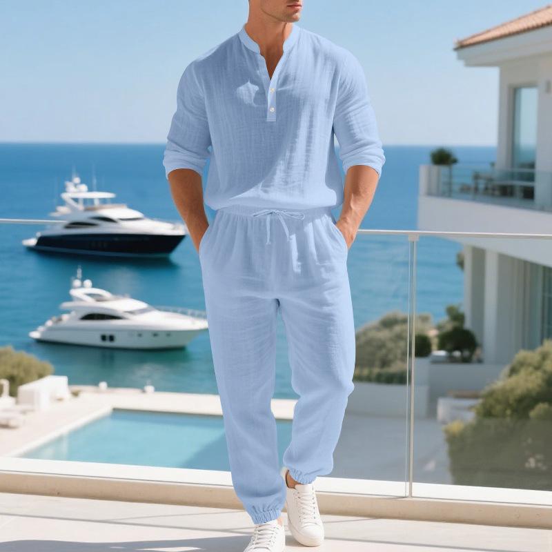 Men's Linen Henley Shirt and Pants Set Relaxed Fit Long Sleeve Holiday Lounge Two Piece Outfit