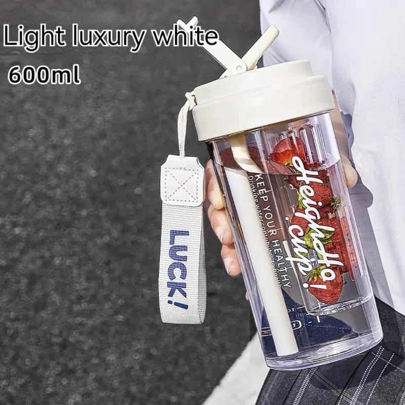 Sommer Tragbarer Wasserbecher 600 ml Sportwasserflasche Lebensmittelqualität Tritan-Material Wasserbecher Damen Trinkhalmbecher Handlicher Becher