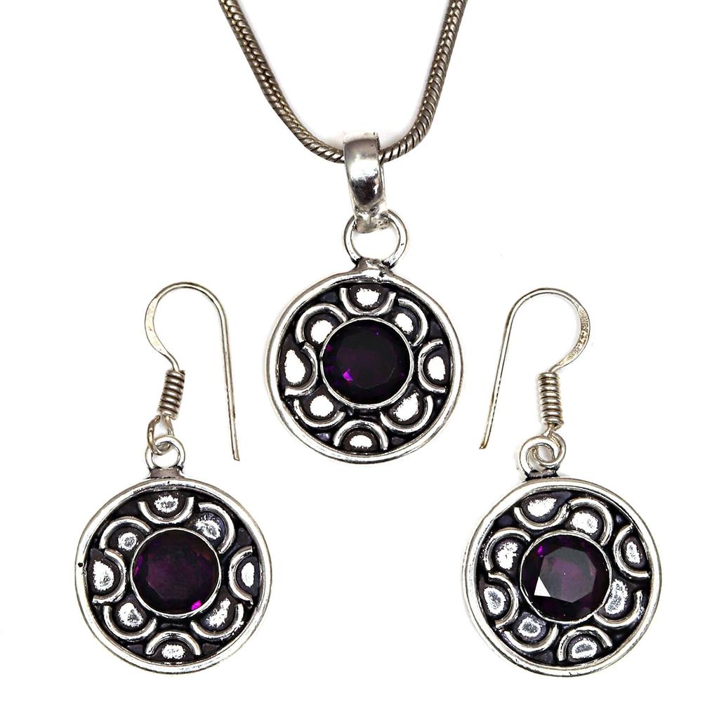 Set Amethyst Pendant Earrings Girls Earring Necklace Sterling