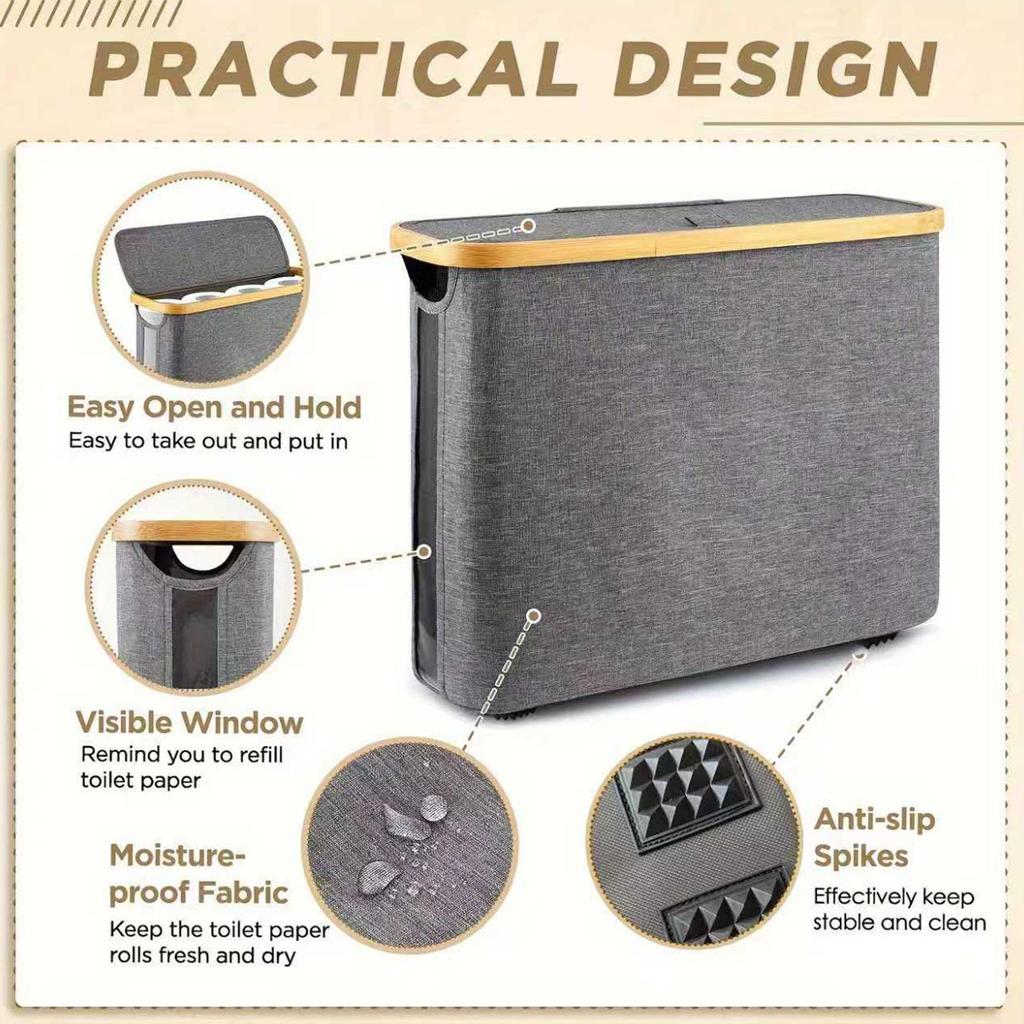Free Standing Toilet Paper Basket Foldable Organizer With Lid & Handle Holds Up To 12 Rolls For Home Bathroom Living Room