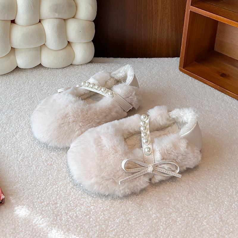 Children's Furry Shoes, Girls' Cotton Shoes, New Autumn and Winter Non-slip Soft-soled Outdoor Shoes with Pearl Bows, Warm Shoes