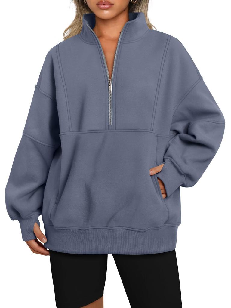 Women's Fleece Hoodie with Pockets, Half Zip, Loose Fit, Contrast Collar, Warm Lined