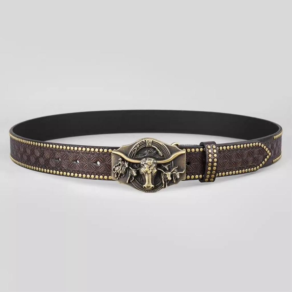 Western Cowboy Leather Belt with Bull Head Buckle, Rivet & Embossed Retro Style for Young Men