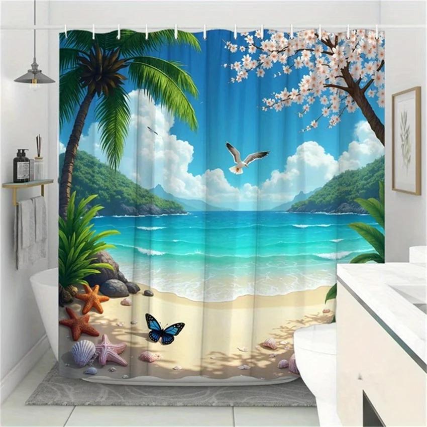 ~O~1pc Tropical Beach Shower Curtain - Palm Trees, Starfish, Cherry Blossoms & Butterflies, Polyester, 70x70", 12 Hooks