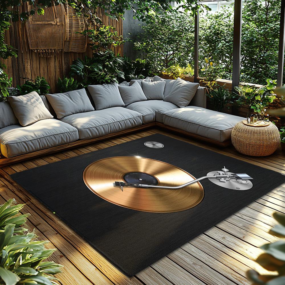 Golden Vinyl Record Rug, Black Music Note Carpet for Living Room, Soft Non-Slip Sofa Mat with Bohemian Decor