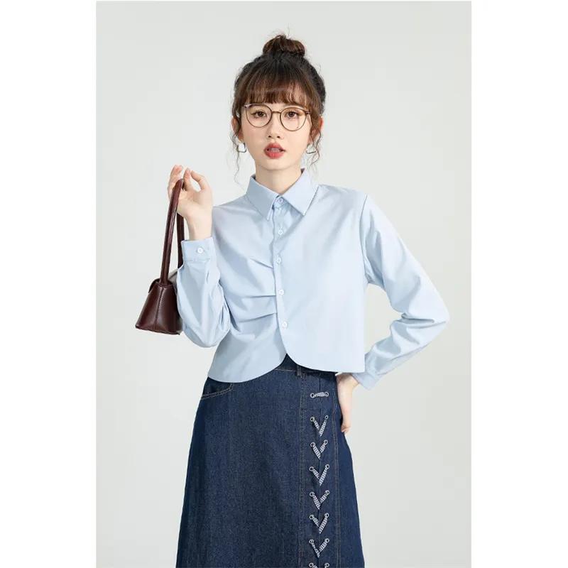 

Women s Button Down Blouse Long Sleeve Layered Cropped Casual Office Fashion Top S синій