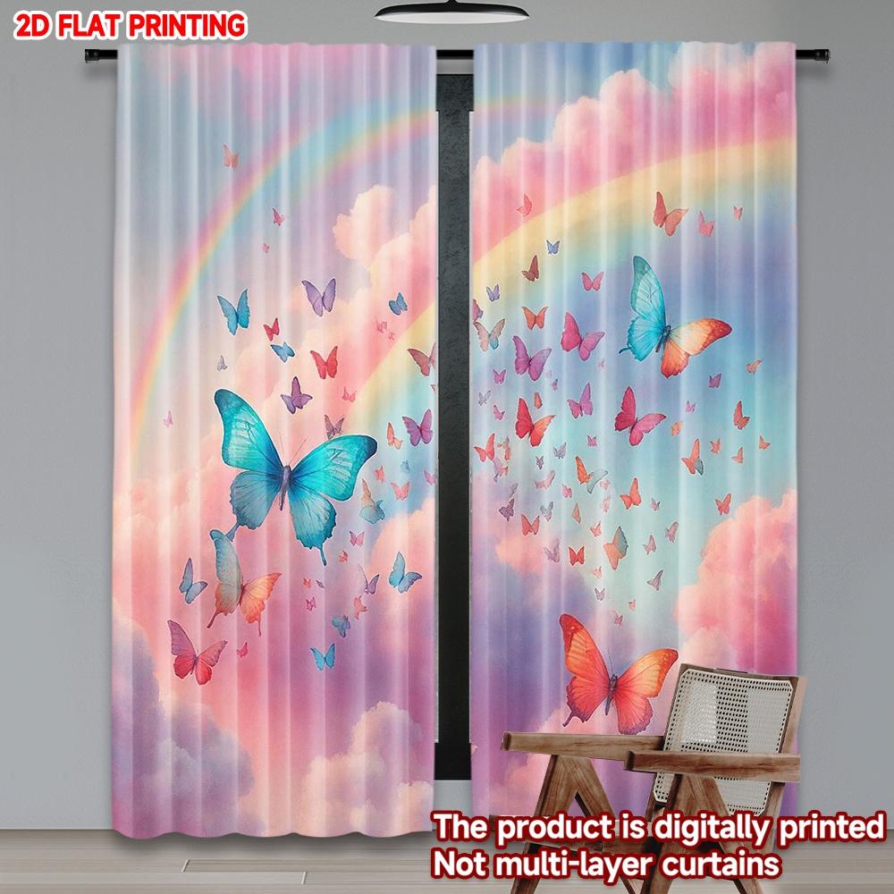 2D flat printing 2pcs Scene Curtains Rainbow Butterflies in Clouds Digital Printed Polyester Drapes Festive Curtains Use for