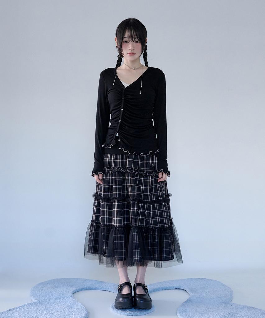 Mileko Folded Check Frill Mesh Sk Black