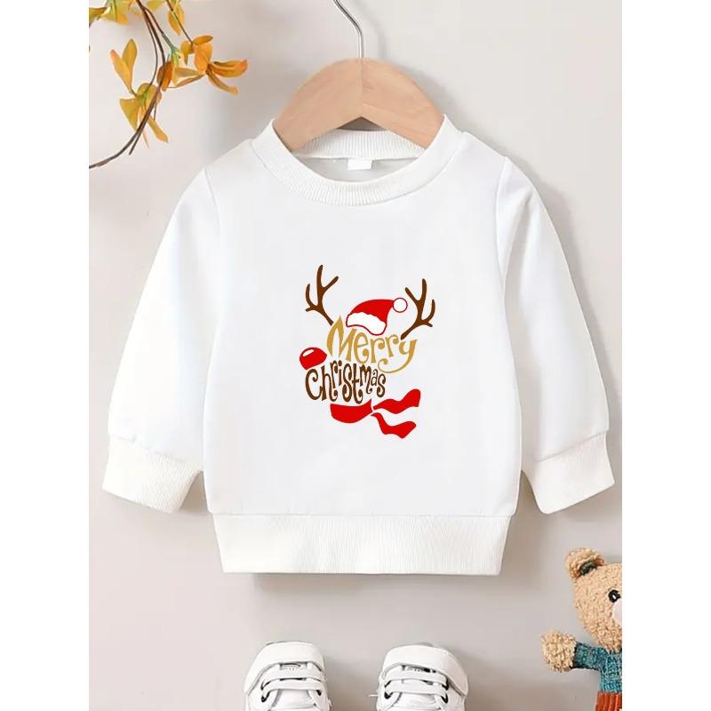 European Sizes Cute Christmas Reindeer Letter Print Sweatshirt for Kids Aged 0-3, Perfect for Everyday Wear
