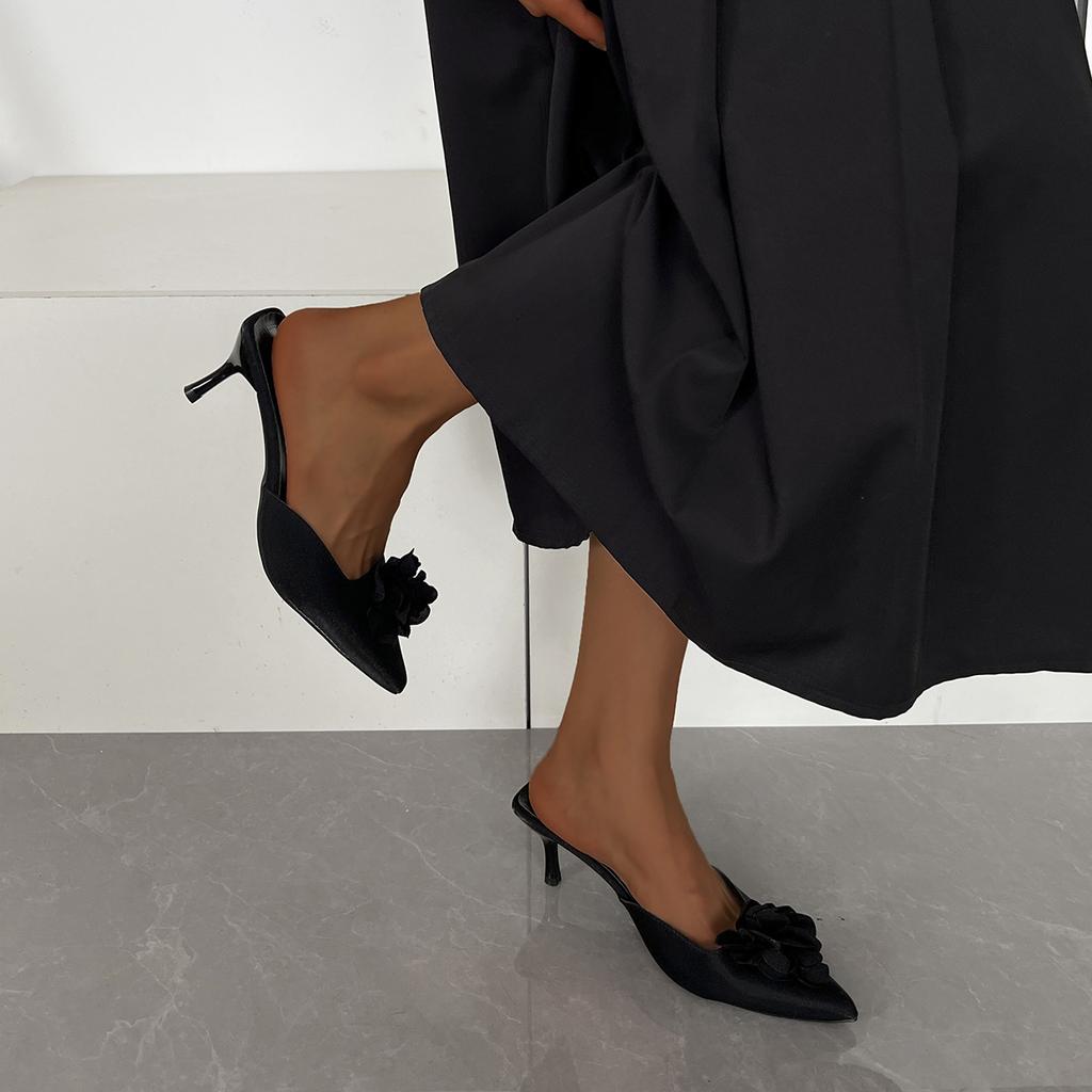 2025 summer women's shoes pointed toe thin heel fashion flower temperament wear leopard print bag head half drag muller shoes