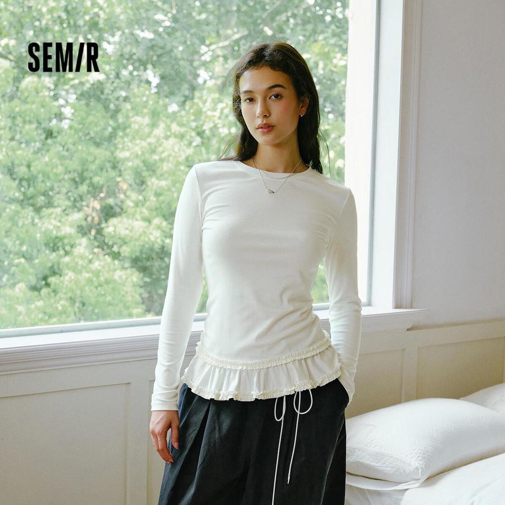 Semir Women's Long Sleeve T-shirt Solid Color Ruffle Trim Slim Fit Winter 2025 Lotus Leaf Edge Top