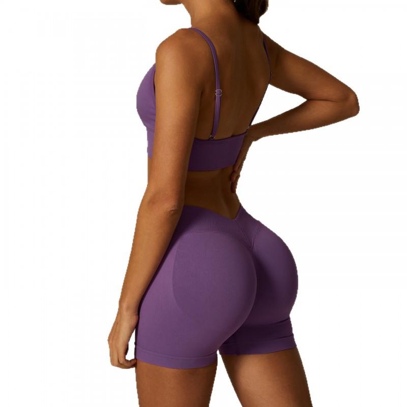 Womens Seamless Yoga Set With Deep V Sports Bra High-Waisted Legging Shorts Breathable Nylon Spandex Workout Outfit
