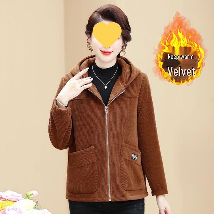 Hooded Velvet Corduroy Jacket for Middle-Aged and Elderly - Autumn/Winter 2025, New Style Cotton Coat for Moms XL
