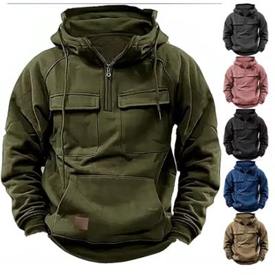 Hoodies Solid Warm Fleece Half Zipper Men's Hooded Jackets  Sweatshirts Multi Pockets  Thick Outdoor Polar Plus Size