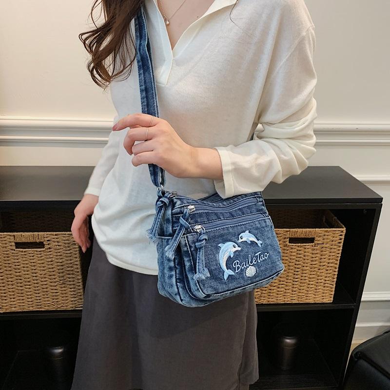 Vintage Denimtasche Damen Mehrschichtig Kleine Tasche Bestickt Schulter Crossbody-Tasche