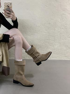 Lapel Two Wear Wide Tube Stacking Boots Pointed Western Cowboy Boots 2025 Summer Boots Women's Thick Heel Medium Boots