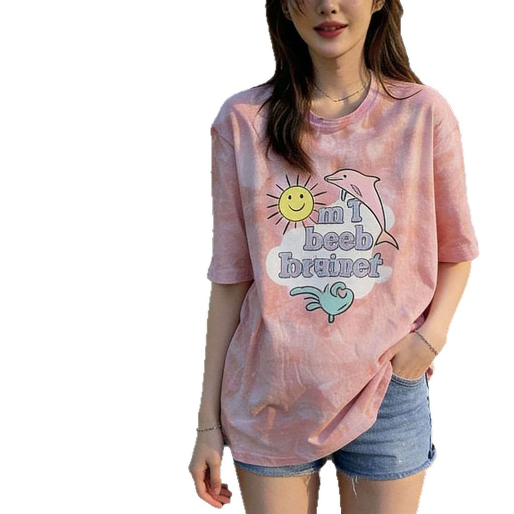Popular Korean women's tie-dye short-sleeved T-shirt women's summer new loose dolphin top