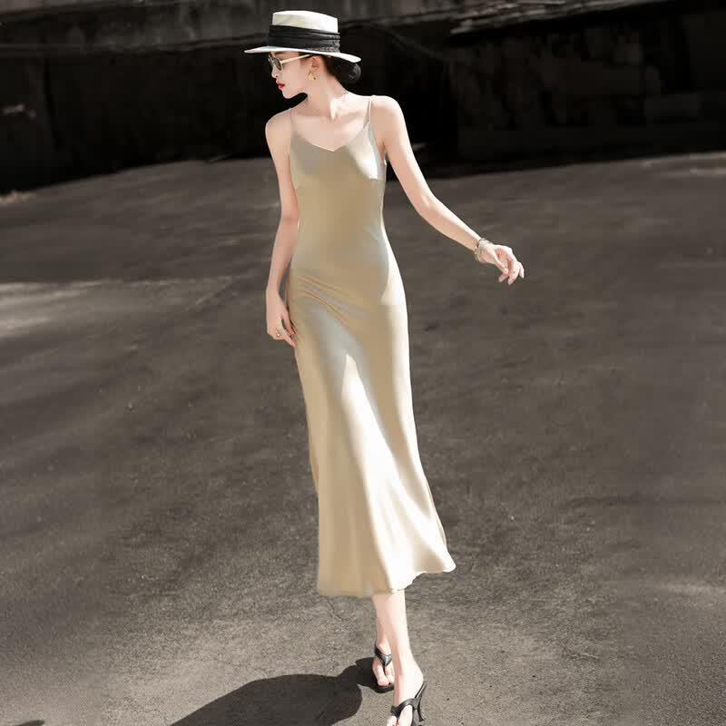 Lancer 2026 Summer French Elegant Acetate V-Neck Sling Dress L